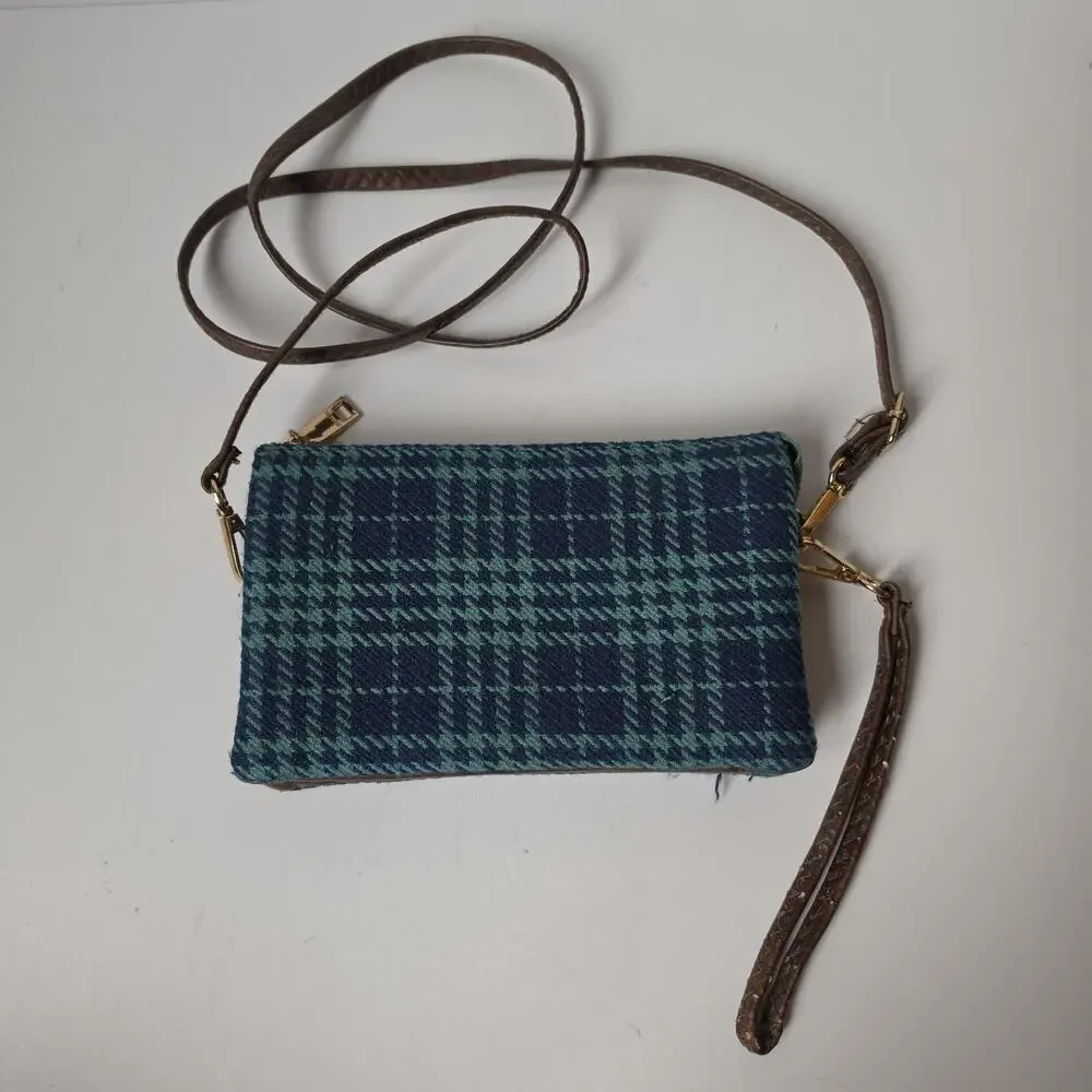 Jen & Co Crossbody Purse Plaid Blue Green Tweed Bag Detachable Straps Wristlet